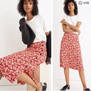 Madewell Red Floral Side Button Skirt - Midi Skirt - size 4